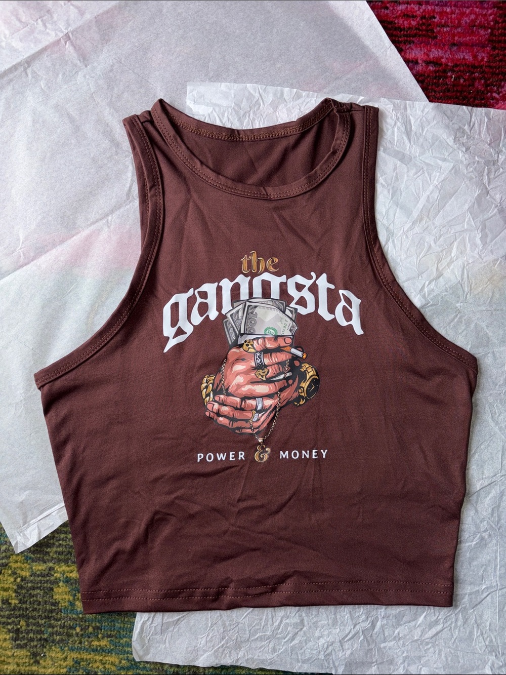 The Gangsta Graphic Crop Tank Top - Brown